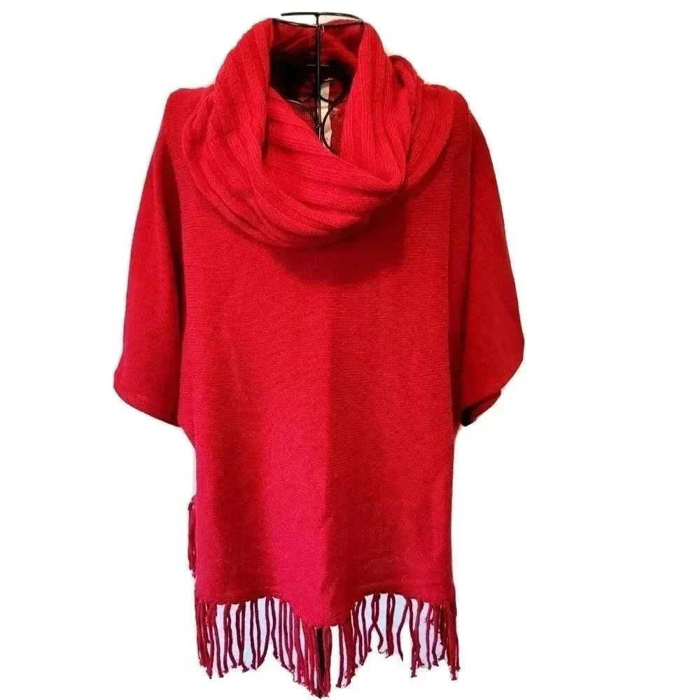 NY Collection Petite Sweater XL Women's Red Pullover Cowl Neck Fringe